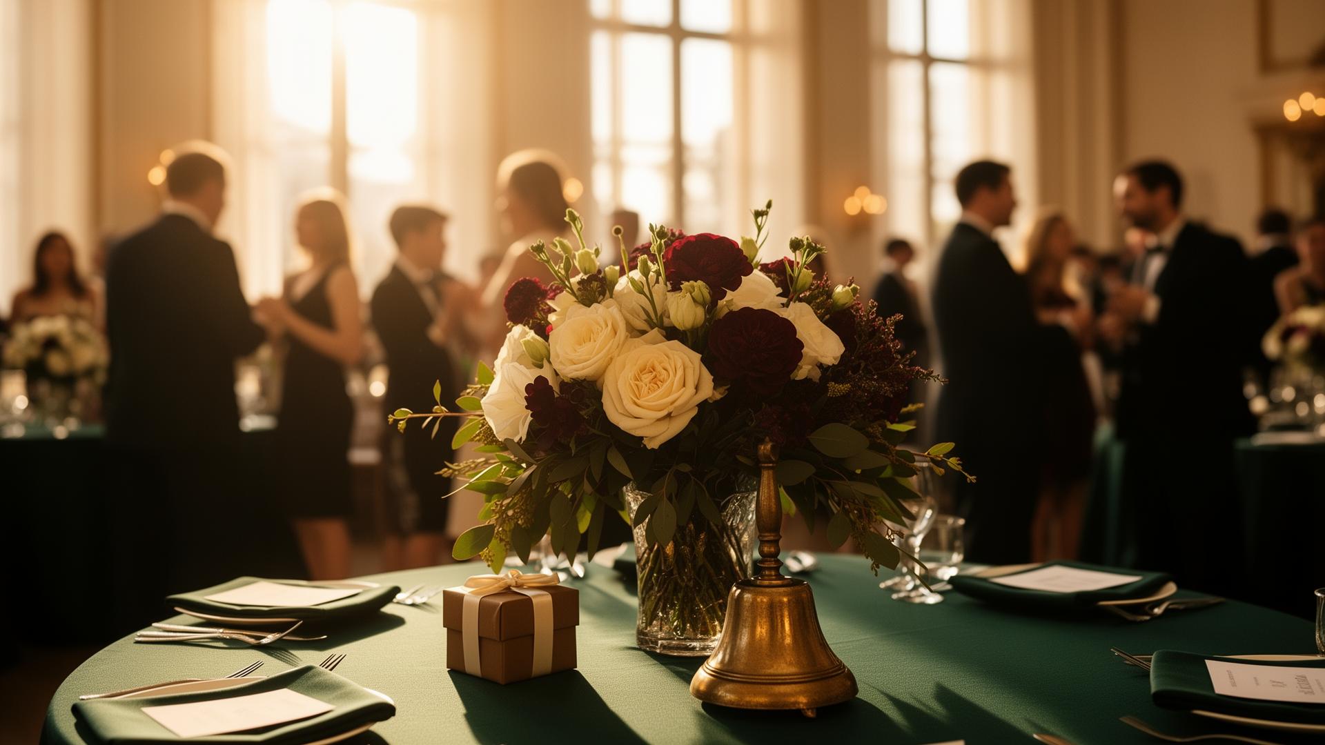An elegant fundraising gala with a centerpiece of cream and burgundy flowers and a brass auction bell